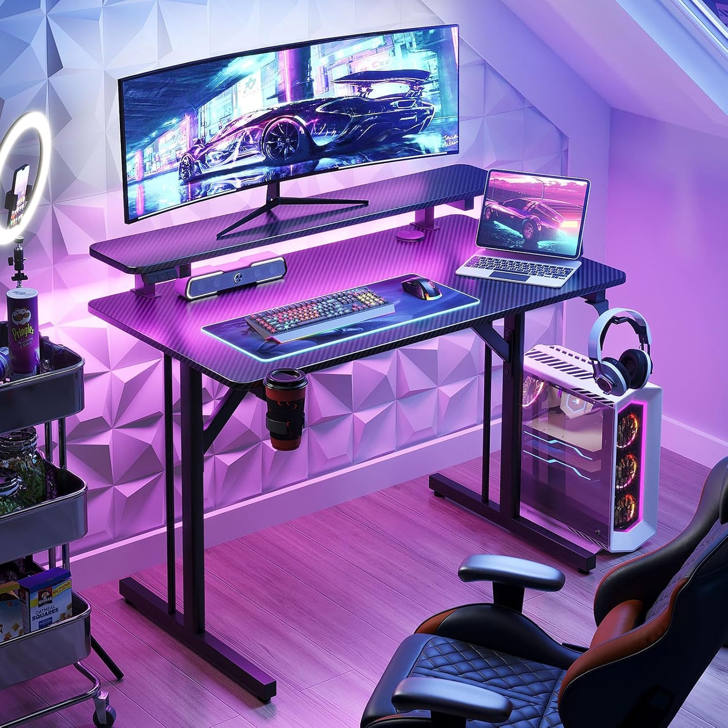 MOTPK Escritorio pequeño para juegos de 32 pulgadas con luces LED, mesa de juegos para computadora con estante para monitor, escritorio para jugadores con textura de fibra de carbono, escritorio para niños regalo para hombres