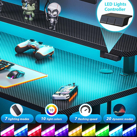 MOTPK Escritorio pequeño para juegos de 32 pulgadas con luces LED, mesa de juegos para computadora con estante para monitor, escritorio para jugadores con textura de fibra de carbono, escritorio para niños regalo para hombres