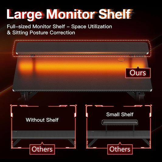 MOTPK Escritorio pequeño para juegos de 32 pulgadas con luces LED, mesa de juegos para computadora con estante para monitor, escritorio para jugadores con textura de fibra de carbono, escritorio para niños regalo para hombres