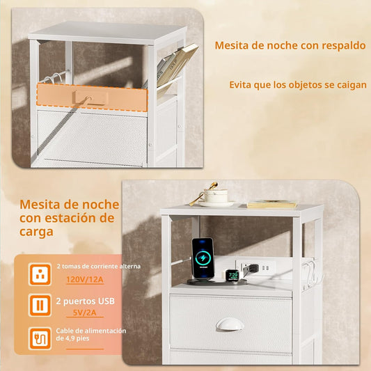 Furologee Mesa auxiliar con estación de carga, mesita de noche con cajones de tela, mesas auxiliares con puertos USB y tomacorrientes, mesita de noche con estante de almacenamiento y ganchos, para