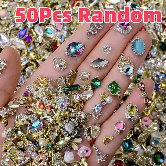 50Pcs 3D Random Luxury Nail Charms Mixed Alloy Bowknot/Butterfly/Heart/Flower Nail Art Decorations Elegant Manicure DIY Supplies