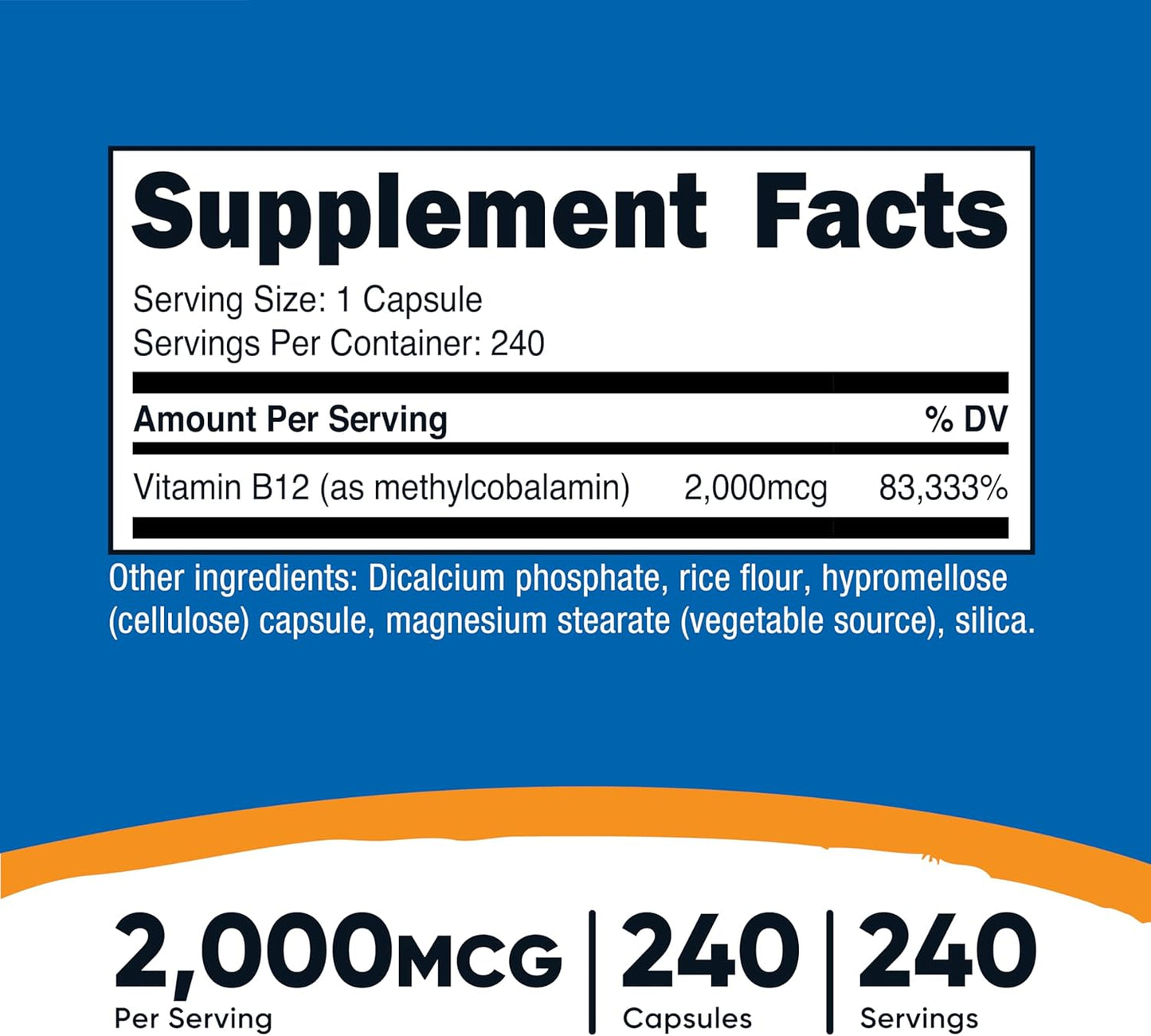 Vitamina B12, 0.00007 oz, 240 cápsulas, Nutricost