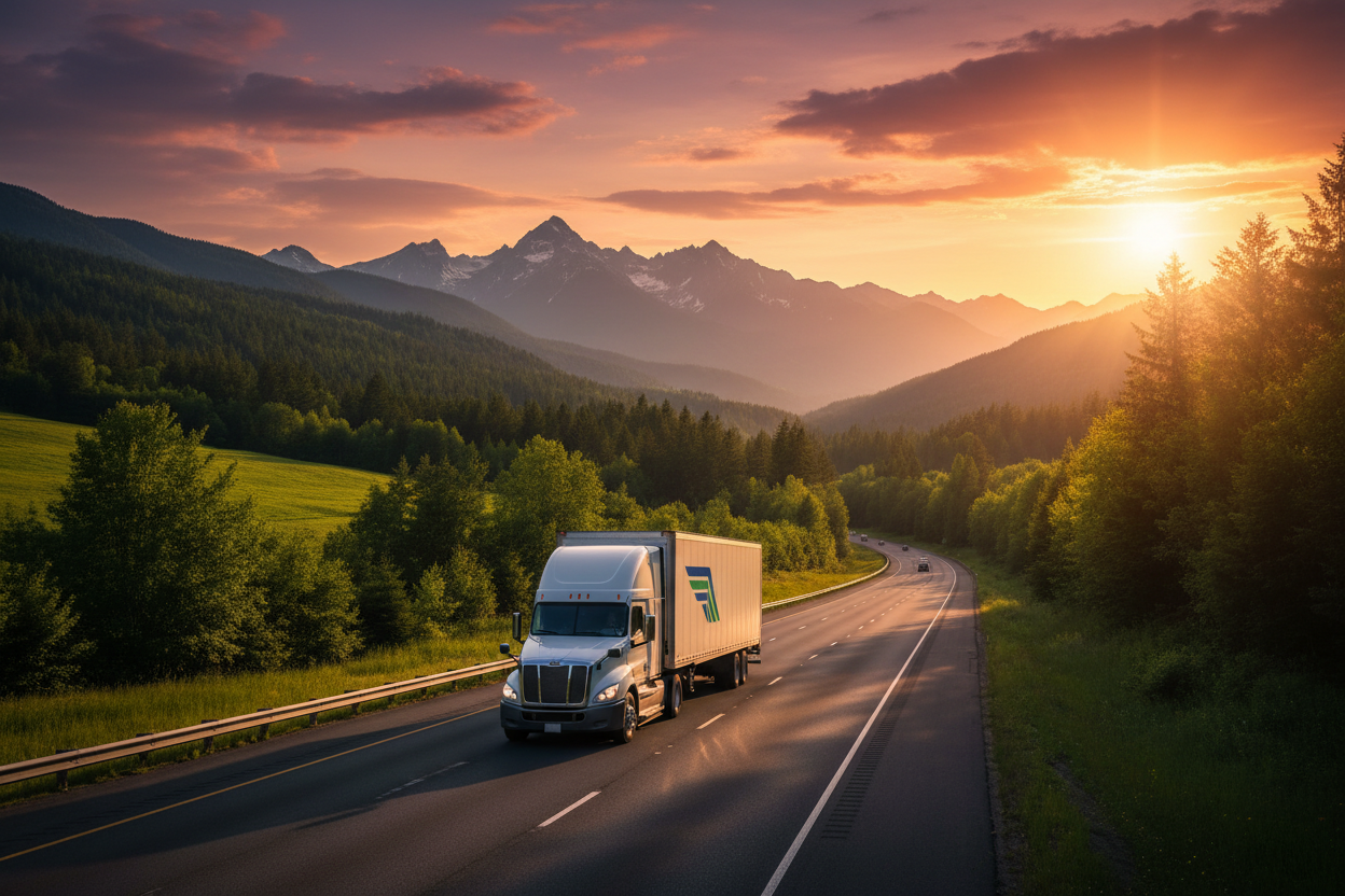 camion comercial por la carretera y un paisaje hermoso de fondo